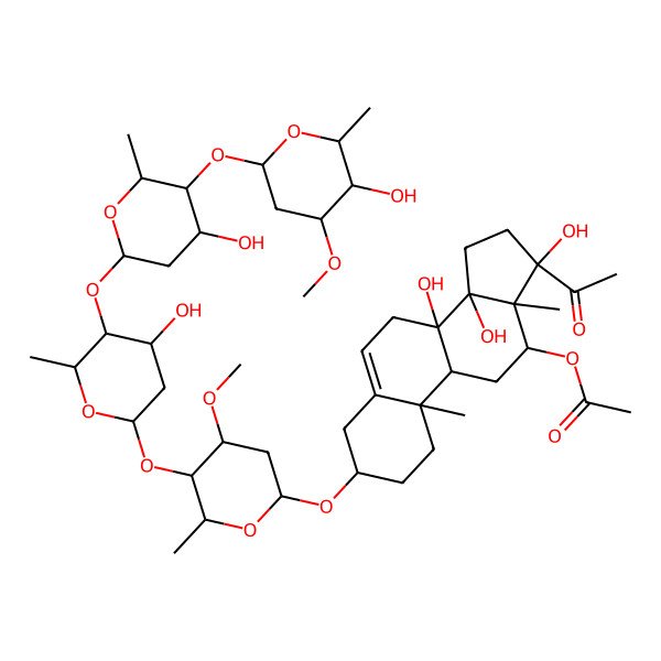 2D Structure of [(3S,8S,9R,10R,12R,13S,14R,17S)-17-acetyl-8,14,17-trihydroxy-3-[(2R,4S,5R,6R)-5-[(2S,4S,5S,6R)-4-hydroxy-5-[(2S,4S,5S,6R)-4-hydroxy-5-[(2S,4R,5R,6R)-5-hydroxy-4-methoxy-6-methyloxan-2-yl]oxy-6-methyloxan-2-yl]oxy-6-methyloxan-2-yl]oxy-4-methoxy-6-methyloxan-2-yl]oxy-10,13-dimethyl-1,2,3,4,7,9,11,12,15,16-decahydrocyclopenta[a]phenanthren-12-yl] acetate