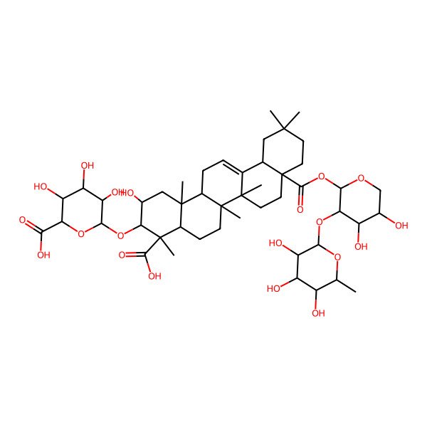 2D Structure of (2S,3S,4S,5R,6R)-6-[[(2S,3R,4S,4aR,6aR,6bS,8aS,12aS,14aR,14bR)-4-carboxy-8a-[(2S,3R,4S,5S)-4,5-dihydroxy-3-[(2S,3R,4R,5R,6S)-3,4,5-trihydroxy-6-methyloxan-2-yl]oxyoxan-2-yl]oxycarbonyl-2-hydroxy-4,6a,6b,11,11,14b-hexamethyl-1,2,3,4a,5,6,7,8,9,10,12,12a,14,14a-tetradecahydropicen-3-yl]oxy]-3,4,5-trihydroxyoxane-2-carboxylic acid