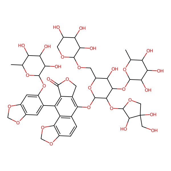 2D Structure of 6-[3-[3,4-dihydroxy-4-(hydroxymethyl)oxolan-2-yl]oxy-5-hydroxy-4-(3,4,5-trihydroxy-6-methyloxan-2-yl)oxy-6-[(3,4,5-trihydroxyoxan-2-yl)oxymethyl]oxan-2-yl]oxy-10-[6-(3,4,5-trihydroxy-6-methyloxan-2-yl)oxy-1,3-benzodioxol-5-yl]-7H-[2]benzofuro[5,6-g][1,3]benzodioxol-9-one
