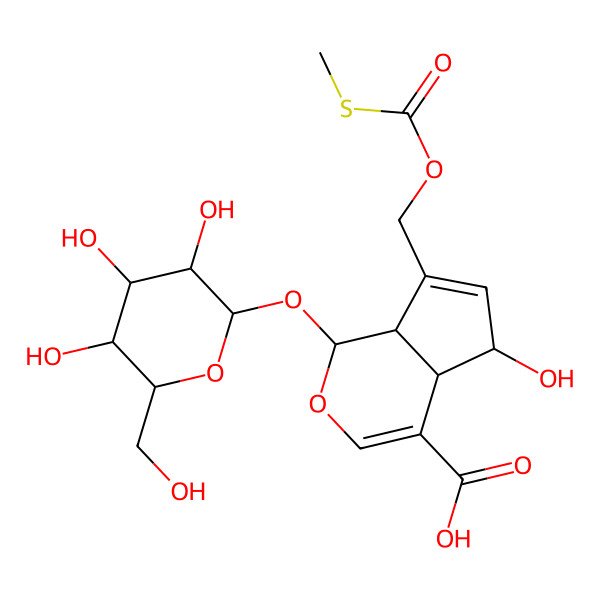 2D Structure of 5-Hydroxy-7-(methylsulfanylcarbonyloxymethyl)-1-[3,4,5-trihydroxy-6-(hydroxymethyl)oxan-2-yl]oxy-1,4a,5,7a-tetrahydrocyclopenta[c]pyran-4-carboxylic acid