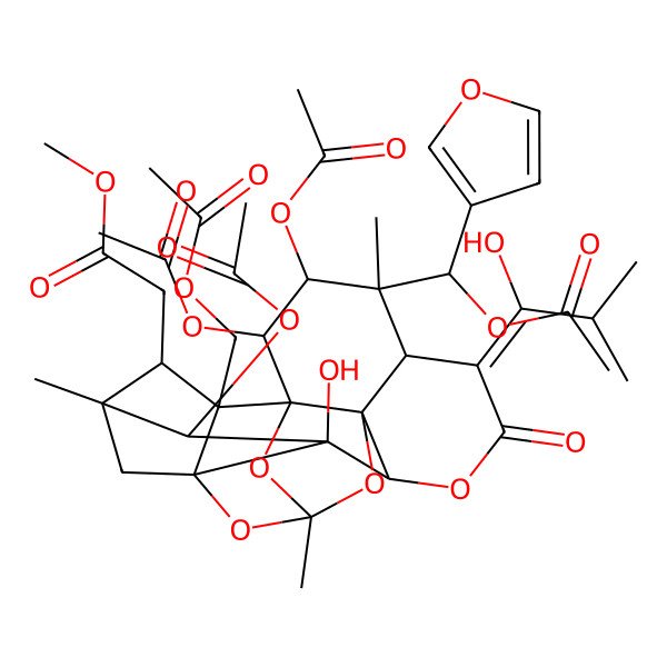 2D Structure of methyl 2-[(1R,2R,3R,4R,5S,6E,9R,10R,12R,14R,15S,16S,17R,18S,19S)-2,3,16-triacetyloxy-4-[(S)-acetyloxy(furan-3-yl)methyl]-19-(acetyloxymethyl)-15-hydroxy-6-(1-hydroxy-2-methylpropylidene)-4,12,17-trimethyl-7-oxo-8,11,13,20-tetraoxaheptacyclo[10.7.1.114,17.01,10.05,10.09,15.014,19]henicosan-18-yl]acetate