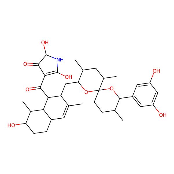 2D Structure of 4-[(1R,2S,7R,8R)-2-[[(2S,3S,8R,9S,11S)-2-(3,5-dihydroxyphenyl)-3,9,11-trimethyl-1,7-dioxaspiro[5.5]undecan-8-yl]methyl]-7-hydroxy-3,8-dimethyl-1,2,4a,5,6,7,8,8a-octahydronaphthalene-1-carbonyl]-2,5-dihydroxy-1,2-dihydropyrrol-3-one