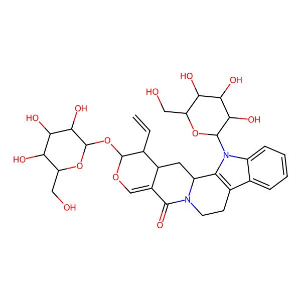 2D Structure of (1R,18S,19S,20S)-19-ethenyl-3-[(2R,3R,4S,5S,6R)-3,4,5-trihydroxy-6-(hydroxymethyl)oxan-2-yl]-18-[(2R,3R,4S,5S,6R)-3,4,5-trihydroxy-6-(hydroxymethyl)oxan-2-yl]oxy-17-oxa-3,13-diazapentacyclo[11.8.0.02,10.04,9.015,20]henicosa-2(10),4,6,8,15-pentaen-14-one