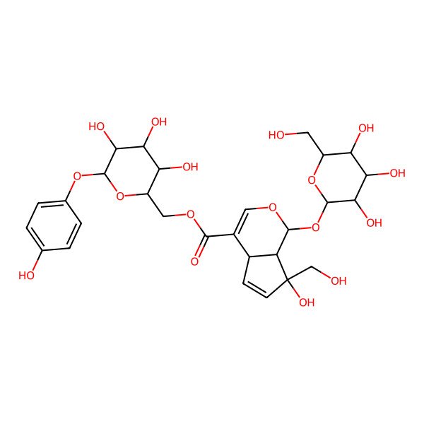 2D Structure of [3,4,5-trihydroxy-6-(4-hydroxyphenoxy)oxan-2-yl]methyl 7-hydroxy-7-(hydroxymethyl)-1-[3,4,5-trihydroxy-6-(hydroxymethyl)oxan-2-yl]oxy-4a,7a-dihydro-1H-cyclopenta[c]pyran-4-carboxylate
