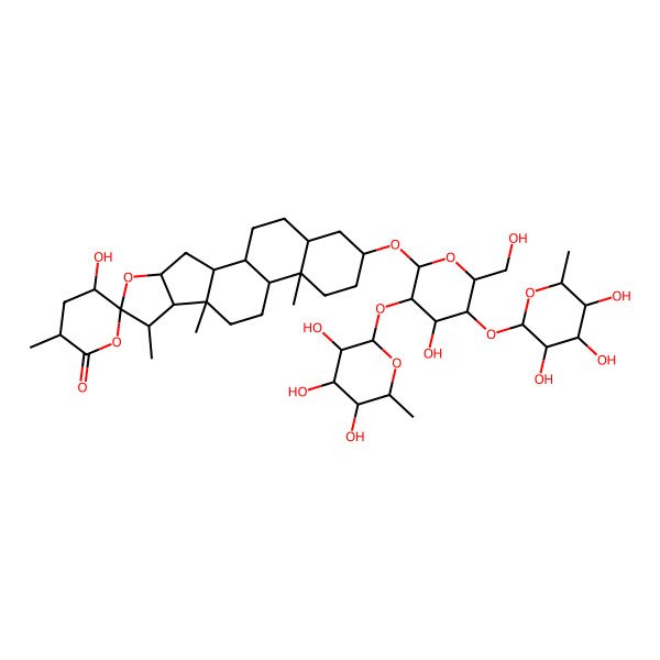 2D Structure of (1R,2S,3'R,4S,5'S,6R,7S,8R,9S,12S,13S,16S,18S)-5'-hydroxy-16-[(2R,3R,4S,5S,6R)-4-hydroxy-6-(hydroxymethyl)-3,5-bis[[(2S,3R,4R,5R,6S)-3,4,5-trihydroxy-6-methyloxan-2-yl]oxy]oxan-2-yl]oxy-3',7,9,13-tetramethylspiro[5-oxapentacyclo[10.8.0.02,9.04,8.013,18]icosane-6,6'-oxane]-2'-one