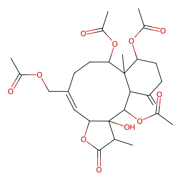 2D Structure of [(1S,2S,3R,4R,7S,8E,12S,13R,14S)-2,12,14-triacetyloxy-3-hydroxy-4,13-dimethyl-17-methylidene-5-oxo-6-oxatricyclo[11.4.0.03,7]heptadec-8-en-9-yl]methyl acetate