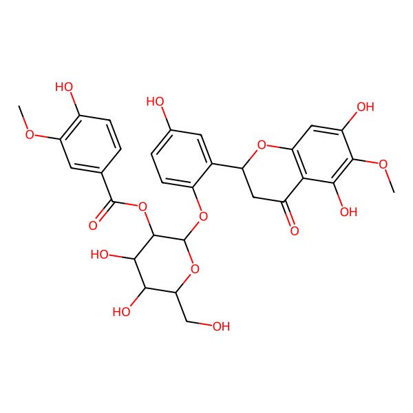 2D Structure of [(2S,3R,4S,5S,6R)-2-[2-[(2S)-5,7-dihydroxy-6-methoxy-4-oxo-2,3-dihydrochromen-2-yl]-4-hydroxyphenoxy]-4,5-dihydroxy-6-(hydroxymethyl)oxan-3-yl] 4-hydroxy-3-methoxybenzoate