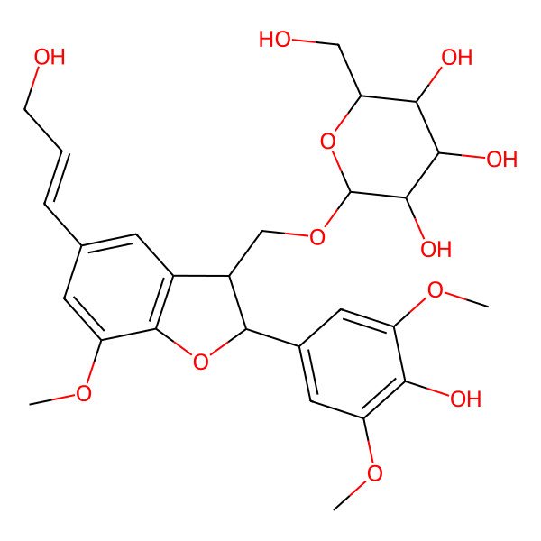 2D Structure of (2R,3R,4S,5S,6R)-2-[[(2R,3S)-2-(4-hydroxy-3,5-dimethoxyphenyl)-5-[(E)-3-hydroxyprop-1-enyl]-7-methoxy-2,3-dihydro-1-benzofuran-3-yl]methoxy]-6-(hydroxymethyl)oxane-3,4,5-triol