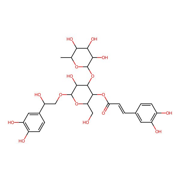 2D Structure of [(2R,3R,4S,5R,6R)-6-[(2R)-2-(3,4-dihydroxyphenyl)-2-hydroxyethoxy]-5-hydroxy-2-(hydroxymethyl)-4-[(2S,3R,4R,5R,6S)-3,4,5-trihydroxy-6-methyloxan-2-yl]oxyoxan-3-yl] (E)-3-(3,4-dihydroxyphenyl)prop-2-enoate