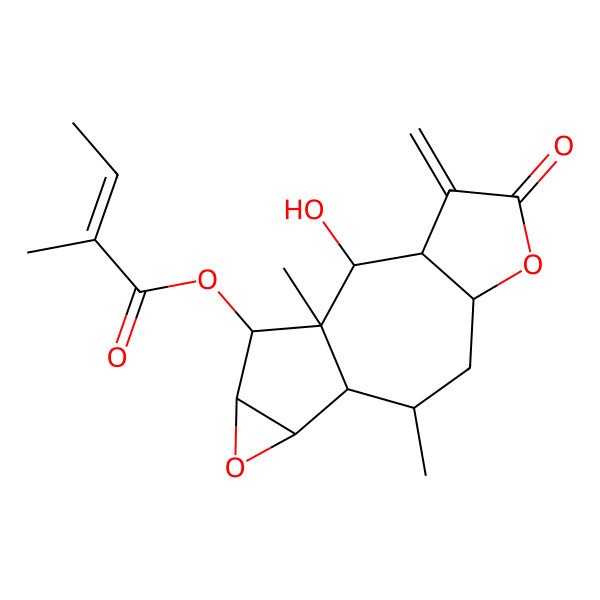 2D Structure of (2-Hydroxy-1,9-dimethyl-4-methylidene-5-oxo-6,12-dioxatetracyclo[8.4.0.03,7.011,13]tetradecan-14-yl) 2-methylbut-2-enoate