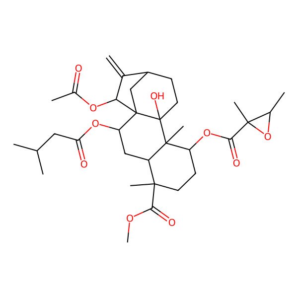 2D Structure of [(1R,2S,4S,5R,8R,9S,10R,13R,15R)-15-acetyloxy-10-hydroxy-5-methoxycarbonyl-5,9-dimethyl-2-(3-methylbutanoyloxy)-14-methylidene-8-tetracyclo[11.2.1.01,10.04,9]hexadecanyl] (2S,3R)-2,3-dimethyloxirane-2-carboxylate