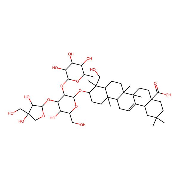 2D Structure of (4aS,6aR,6aS,6bR,8aR,9R,10S,12aR,14bS)-10-[(2R,3R,4S,5R,6R)-4-[(2S,3R,4R)-3,4-dihydroxy-4-(hydroxymethyl)oxolan-2-yl]oxy-5-hydroxy-6-(hydroxymethyl)-3-[(2S,3R,4R,5R,6S)-3,4,5-trihydroxy-6-methyloxan-2-yl]oxyoxan-2-yl]oxy-9-(hydroxymethyl)-2,2,6a,6b,9,12a-hexamethyl-1,3,4,5,6,6a,7,8,8a,10,11,12,13,14b-tetradecahydropicene-4a-carboxylic acid