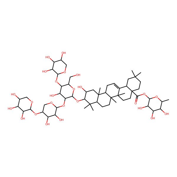 2D Structure of (3,4,5-Trihydroxy-6-methyloxan-2-yl) 10-[3-[3,4-dihydroxy-5-(3,4,5-trihydroxyoxan-2-yl)oxyoxan-2-yl]oxy-4-hydroxy-6-(hydroxymethyl)-5-(3,4,5-trihydroxyoxan-2-yl)oxyoxan-2-yl]oxy-11-hydroxy-2,2,6a,6b,9,9,12a-heptamethyl-1,3,4,5,6,6a,7,8,8a,10,11,12,13,14b-tetradecahydropicene-4a-carboxylate