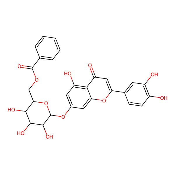 2D Structure of [(2R,3S,4S,5R,6S)-6-[2-(3,4-dihydroxyphenyl)-5-hydroxy-4-oxochromen-7-yl]oxy-3,4,5-trihydroxyoxan-2-yl]methyl benzoate