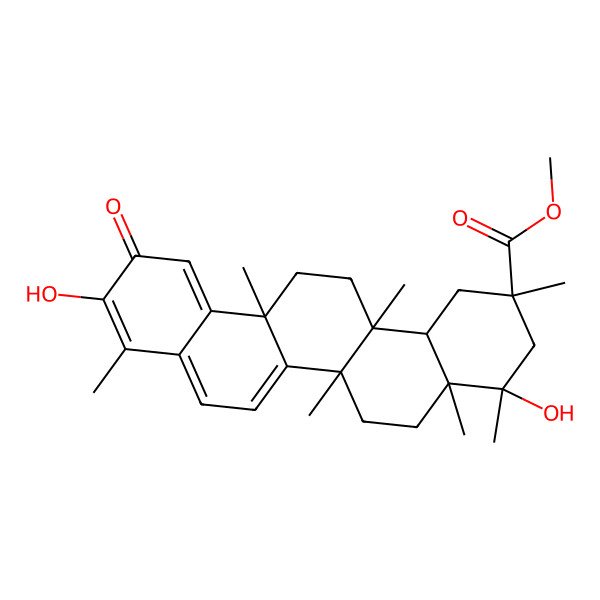 2D Structure of methyl (2S,4R,4aR,6aR,14aS,14bS)-4,10-dihydroxy-2,4,4a,6a,6a,9,14a-heptamethyl-11-oxo-3,5,6,13,14,14b-hexahydro-1H-picene-2-carboxylate
