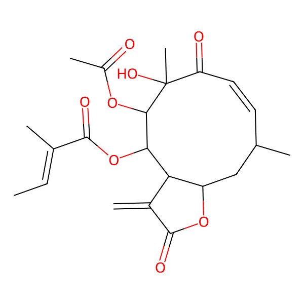 2D Structure of [(3aS,4S,5R,6S,8Z,10R,11aR)-5-acetyloxy-6-hydroxy-6,10-dimethyl-3-methylidene-2,7-dioxo-3a,4,5,10,11,11a-hexahydrocyclodeca[b]furan-4-yl] (Z)-2-methylbut-2-enoate