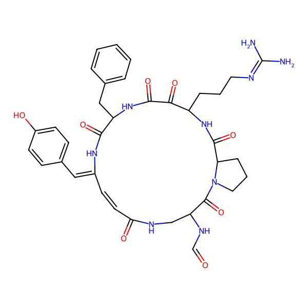 2D Structure of N-[(3S,7Z,9Z,12R,16S,19S)-12-benzyl-16-[3-(diaminomethylideneamino)propyl]-9-[(4-hydroxyphenyl)methylidene]-2,6,11,14,15,18-hexaoxo-1,5,10,13,17-pentazabicyclo[17.3.0]docos-7-en-3-yl]formamide
