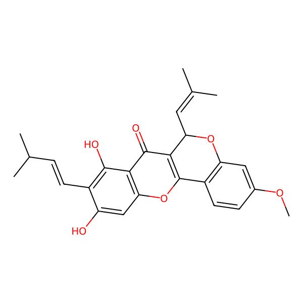 2D Structure of 8,10-Dihydroxy-3-methoxy-9-(3-methyl-1-buten-1-yl)-6-(2-methyl-1-propen-1-yl)-6H,7H-[1]benzopyrano[4,3-b][1]benzopyran-7-one