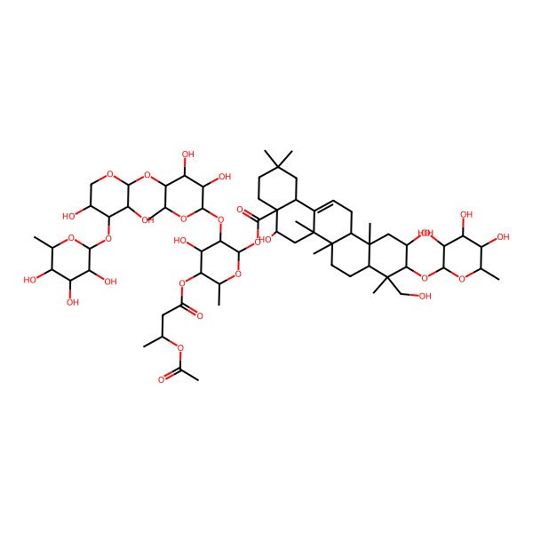 2D Structure of [(2S,3R,4S,5R,6R)-5-[(3S)-3-acetyloxybutanoyl]oxy-3-[(2S,3R,4S,5R,6S)-5-[(2S,3R,4S,5R)-3,5-dihydroxy-4-[(2S,3R,4R,5R,6S)-3,4,5-trihydroxy-6-methyloxan-2-yl]oxyoxan-2-yl]oxy-3,4-dihydroxy-6-methyloxan-2-yl]oxy-4-hydroxy-6-methyloxan-2-yl] (4aR,5R,6aR,6aS,6bR,8aR,9R,10R,11S,12aS,14bS)-5,11-dihydroxy-9-(hydroxymethyl)-2,2,6a,6b,9,12a-hexamethyl-10-[(2S,3R,4R,5R,6S)-3,4,5-trihydroxy-6-methyloxan-2-yl]oxy-1,3,4,5,6,6a,7,8,8a,10,11,12,13,14b-tetradecahydropicene-4a-carboxylate