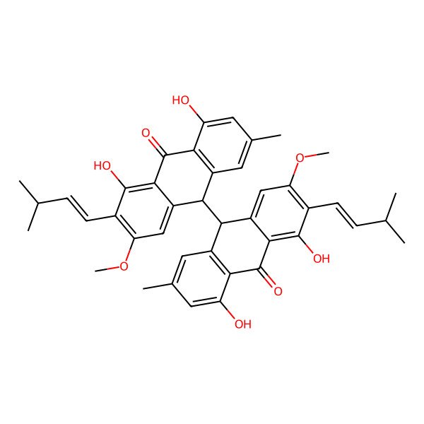 2D Structure of (10S)-10-[(9R)-4,5-dihydroxy-2-methoxy-7-methyl-3-[(E)-3-methylbut-1-enyl]-10-oxo-9H-anthracen-9-yl]-1,8-dihydroxy-3-methoxy-6-methyl-2-[(E)-3-methylbut-1-enyl]-10H-anthracen-9-one