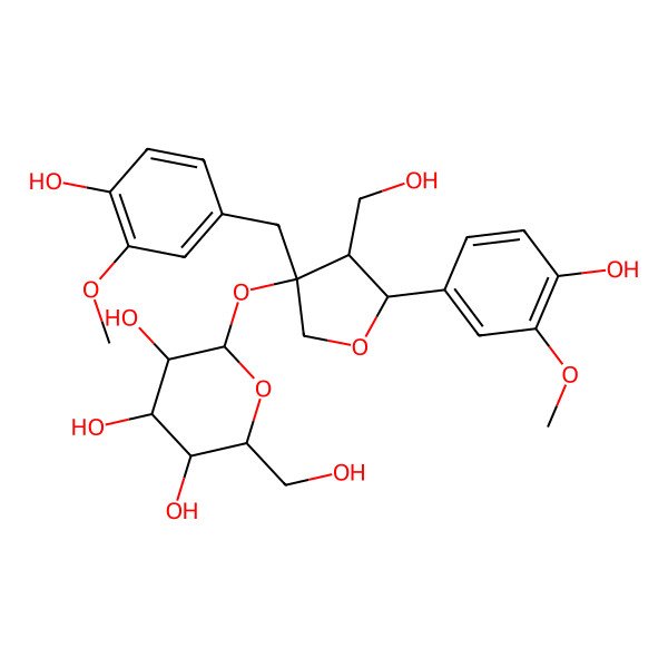 2D Structure of (2S,3R,4S,5S,6R)-2-[(3R,4R,5S)-5-(4-hydroxy-3-methoxyphenyl)-3-[(4-hydroxy-3-methoxyphenyl)methyl]-4-(hydroxymethyl)oxolan-3-yl]oxy-6-(hydroxymethyl)oxane-3,4,5-triol