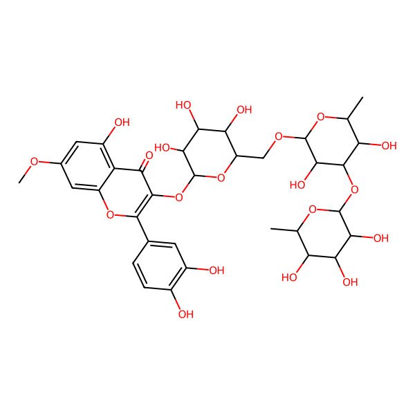 2D Structure of 3-[(2S,3R,4S,5S,6R)-6-[[(2R,3R,4S,5S,6S)-3,5-dihydroxy-6-methyl-4-[(2S,3R,4S,5R,6R)-3,4,5-trihydroxy-6-methyloxan-2-yl]oxyoxan-2-yl]oxymethyl]-3,4,5-trihydroxyoxan-2-yl]oxy-2-(3,4-dihydroxyphenyl)-5-hydroxy-7-methoxychromen-4-one