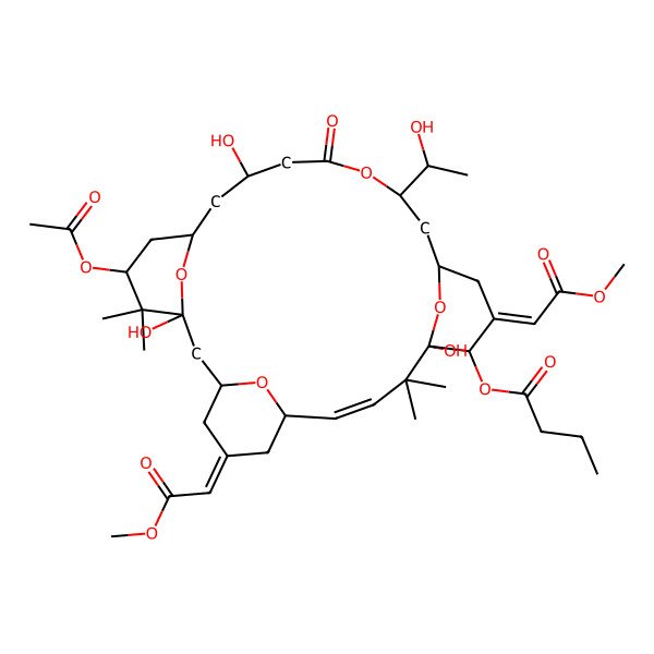 2D Structure of [(1S,3S,5Z,7R,8Z,11S,12S,13E,15S,17R,21R,23R,25S)-25-acetyloxy-1,11,21-trihydroxy-17-[(1R)-1-hydroxyethyl]-5,13-bis(2-methoxy-2-oxoethylidene)-10,10,26,26-tetramethyl-19-oxo-18,27,28,29-tetraoxatetracyclo[21.3.1.13,7.111,15]nonacos-8-en-12-yl] butanoate