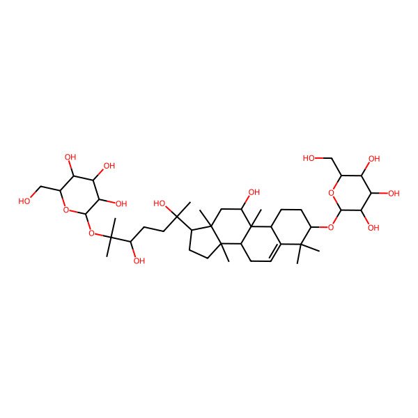 2D Structure of (2R,3R,5S,6R)-2-[[(3S,17S)-17-[2,5-dihydroxy-6-methyl-6-[(2S,3R,4S,5S,6R)-3,4,5-trihydroxy-6-(hydroxymethyl)oxan-2-yl]oxyheptan-2-yl]-11-hydroxy-4,4,9,13,14-pentamethyl-2,3,7,8,10,11,12,15,16,17-decahydro-1H-cyclopenta[a]phenanthren-3-yl]oxy]-6-(hydroxymethyl)oxane-3,4,5-triol