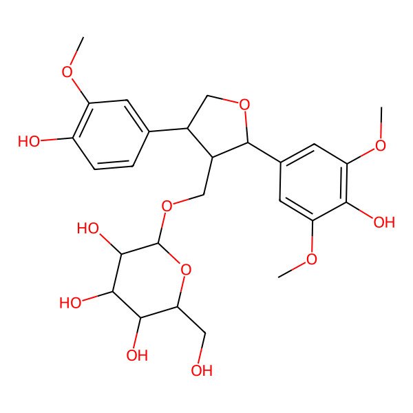 2D Structure of (2R,3R,4S,5S,6R)-2-[[(2S,3R,4S)-2-(4-hydroxy-3,5-dimethoxyphenyl)-4-(4-hydroxy-3-methoxyphenyl)oxolan-3-yl]methoxy]-6-(hydroxymethyl)oxane-3,4,5-triol