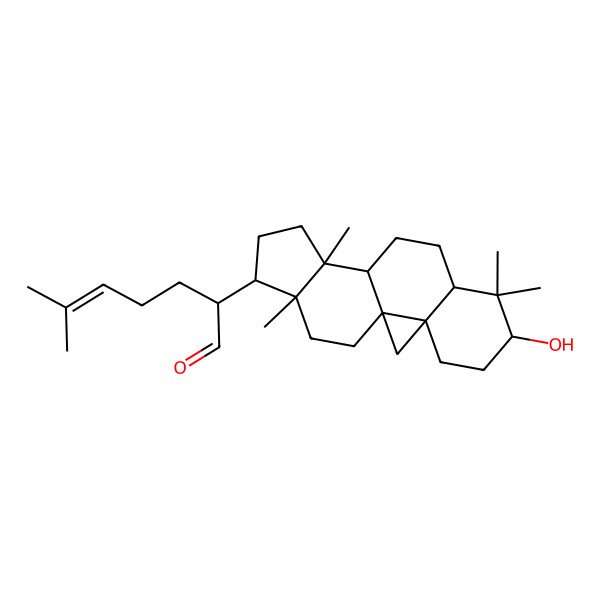 2D Structure of 2-(6-Hydroxy-7,7,12,16-tetramethyl-15-pentacyclo[9.7.0.01,3.03,8.012,16]octadecanyl)-6-methylhept-5-enal