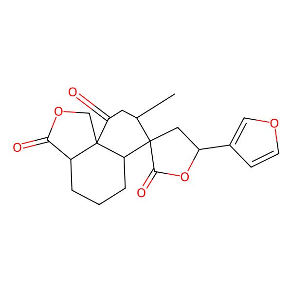 2D Structure of (3aR,5'S,6aS,7R,8S,10aR)-5'-(furan-3-yl)-8-methylspiro[1,3a,4,5,6,6a,8,9-octahydrobenzo[d][2]benzofuran-7,3'-oxolane]-2',3,10-trione