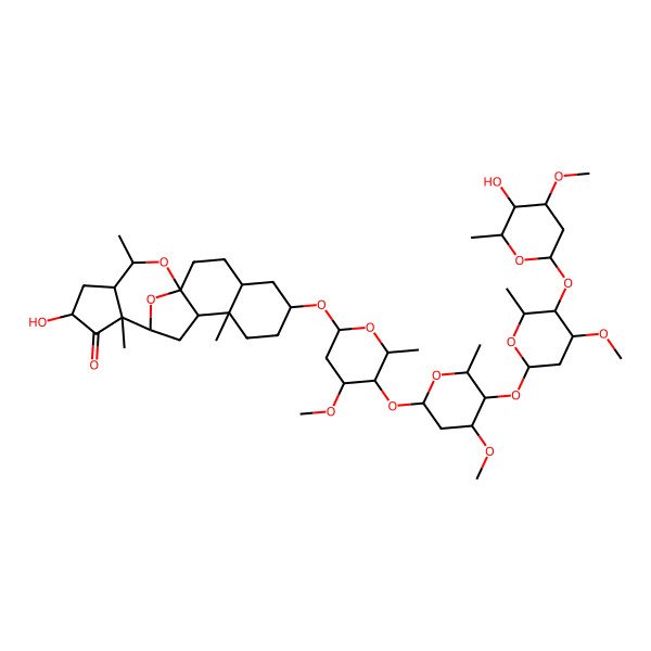 2D Structure of 15-Hydroxy-6-[5-[5-[5-(5-hydroxy-4-methoxy-6-methyloxan-2-yl)oxy-4-methoxy-6-methyloxan-2-yl]oxy-4-methoxy-6-methyloxan-2-yl]oxy-4-methoxy-6-methyloxan-2-yl]oxy-9,13,18-trimethyl-19,20-dioxapentacyclo[10.7.1.01,10.04,9.013,17]icosan-14-one
