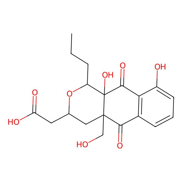 2D Structure of 2-[(1R,3S)-9,10a-dihydroxy-4a-(hydroxymethyl)-5,10-dioxo-1-propyl-3,4-dihydro-1H-benzo[g]isochromen-3-yl]acetic acid