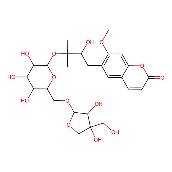 2D Structure of 6-[3-[6-[[3,4-Dihydroxy-4-(hydroxymethyl)oxolan-2-yl]oxymethyl]-3,4,5-trihydroxyoxan-2-yl]oxy-2-hydroxy-3-methylbutyl]-7-methoxychromen-2-one