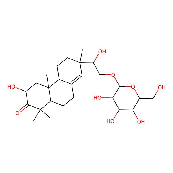 2D Structure of 3-Hydroxy-7-[1-hydroxy-2-[3,4,5-trihydroxy-6-(hydroxymethyl)oxan-2-yl]oxyethyl]-1,1,4a,7-tetramethyl-3,4,4b,5,6,9,10,10a-octahydrophenanthren-2-one