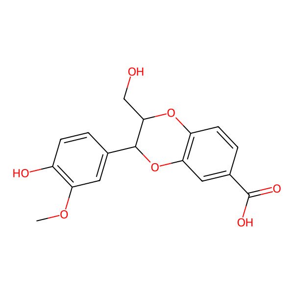 2D Structure of (2S,3S)-3-(4-hydroxy-3-methoxyphenyl)-2-(hydroxymethyl)-2,3-dihydro-1,4-benzodioxine-6-carboxylic acid
