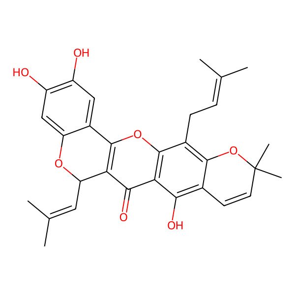 2D Structure of (11R)-6,7,15-trihydroxy-19,19-dimethyl-22-(3-methylbut-2-enyl)-11-(2-methylprop-1-enyl)-2,10,20-trioxapentacyclo[12.8.0.03,12.04,9.016,21]docosa-1(14),3(12),4,6,8,15,17,21-octaen-13-one