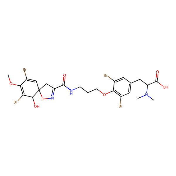 2D Structure of (2R)-3-[3,5-dibromo-4-[3-[[(5R,6S)-7,9-dibromo-6-hydroxy-8-methoxy-1-oxa-2-azaspiro[4.5]deca-2,7,9-triene-3-carbonyl]amino]propoxy]phenyl]-2-(dimethylamino)propanoic acid