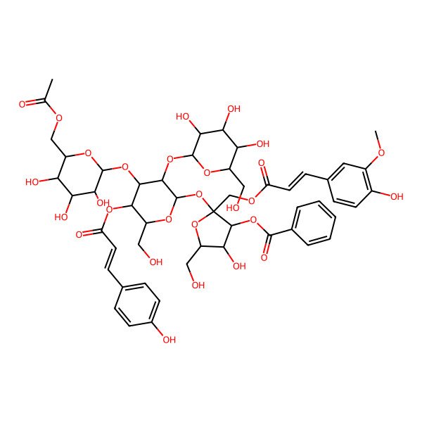 2D Structure of [(2S,3S,4R,5R)-2-[(2R,3R,4S,5R,6R)-4-[(2S,3R,4S,5S,6R)-6-(acetyloxymethyl)-3,4,5-trihydroxyoxan-2-yl]oxy-6-(hydroxymethyl)-5-[(E)-3-(4-hydroxyphenyl)prop-2-enoyl]oxy-3-[(2S,3R,4S,5S,6R)-3,4,5-trihydroxy-6-(hydroxymethyl)oxan-2-yl]oxyoxan-2-yl]oxy-4-hydroxy-2-[[(E)-3-(4-hydroxy-3-methoxyphenyl)prop-2-enoyl]oxymethyl]-5-(hydroxymethyl)oxolan-3-yl] benzoate