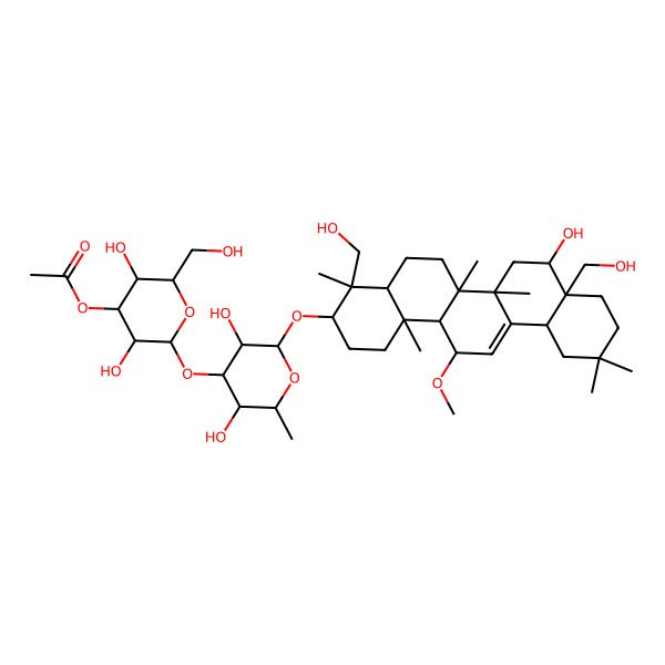 2D Structure of [(2S,3R,4S,5R,6R)-2-[(2R,3R,4S,5S,6R)-2-[[(3S,4R,4aR,6aR,6bS,8R,8aS,12aR,14R,14aR,14bS)-8-hydroxy-4,8a-bis(hydroxymethyl)-14-methoxy-4,6a,6b,11,11,14b-hexamethyl-1,2,3,4a,5,6,7,8,9,10,12,12a,14,14a-tetradecahydropicen-3-yl]oxy]-3,5-dihydroxy-6-methyloxan-4-yl]oxy-3,5-dihydroxy-6-(hydroxymethyl)oxan-4-yl] acetate