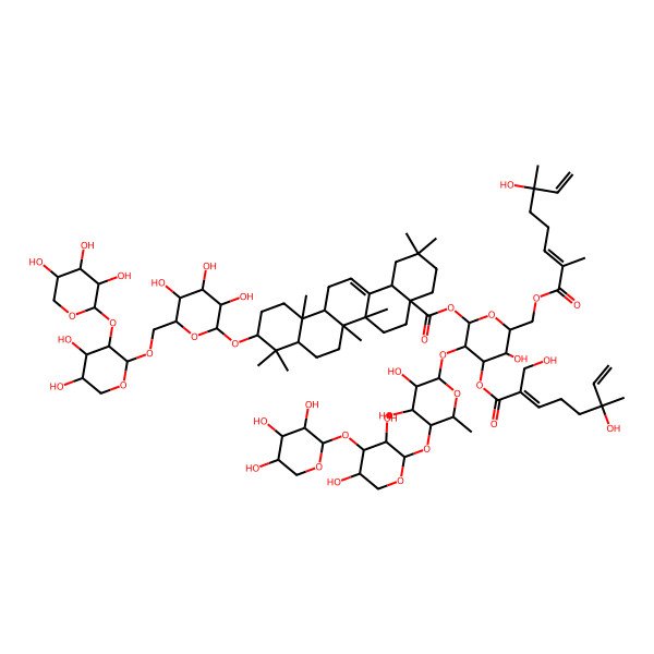 2D Structure of [3-[5-[3,5-Dihydroxy-4-(3,4,5-trihydroxyoxan-2-yl)oxyoxan-2-yl]oxy-3,4-dihydroxy-6-methyloxan-2-yl]oxy-5-hydroxy-6-[(6-hydroxy-2,6-dimethylocta-2,7-dienoyl)oxymethyl]-4-[6-hydroxy-2-(hydroxymethyl)-6-methylocta-2,7-dienoyl]oxyoxan-2-yl] 10-[6-[[4,5-dihydroxy-3-(3,4,5-trihydroxyoxan-2-yl)oxyoxan-2-yl]oxymethyl]-3,4,5-trihydroxyoxan-2-yl]oxy-2,2,6a,6b,9,9,12a-heptamethyl-1,3,4,5,6,6a,7,8,8a,10,11,12,13,14b-tetradecahydropicene-4a-carboxylate
