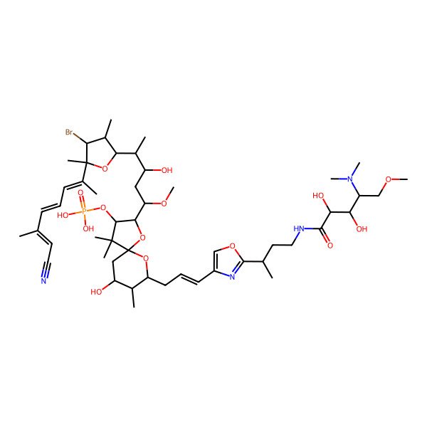 2D Structure of [2-[4-[4-Bromo-5-(7-cyano-6-methylhepta-2,4,6-trien-2-yl)-3,5-dimethyloxolan-2-yl]-3-hydroxy-1-methoxypentyl]-9-[3-[2-[4-[[4-(dimethylamino)-2,3-dihydroxy-5-methoxypentanoyl]amino]butan-2-yl]-1,3-oxazol-4-yl]prop-2-enyl]-7-hydroxy-4,4,8-trimethyl-1,10-dioxaspiro[4.5]decan-3-yl] dihydrogen phosphate