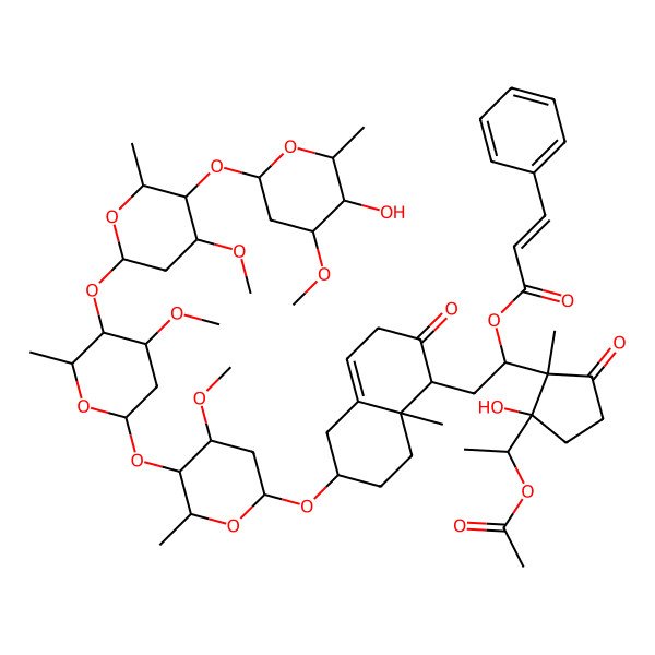 2D Structure of [1-[2-(1-Acetyloxyethyl)-2-hydroxy-1-methyl-5-oxocyclopentyl]-2-[6-[5-[5-[5-(5-hydroxy-4-methoxy-6-methyloxan-2-yl)oxy-4-methoxy-6-methyloxan-2-yl]oxy-4-methoxy-6-methyloxan-2-yl]oxy-4-methoxy-6-methyloxan-2-yl]oxy-8a-methyl-2-oxo-1,3,5,6,7,8-hexahydronaphthalen-1-yl]ethyl] 3-phenylprop-2-enoate