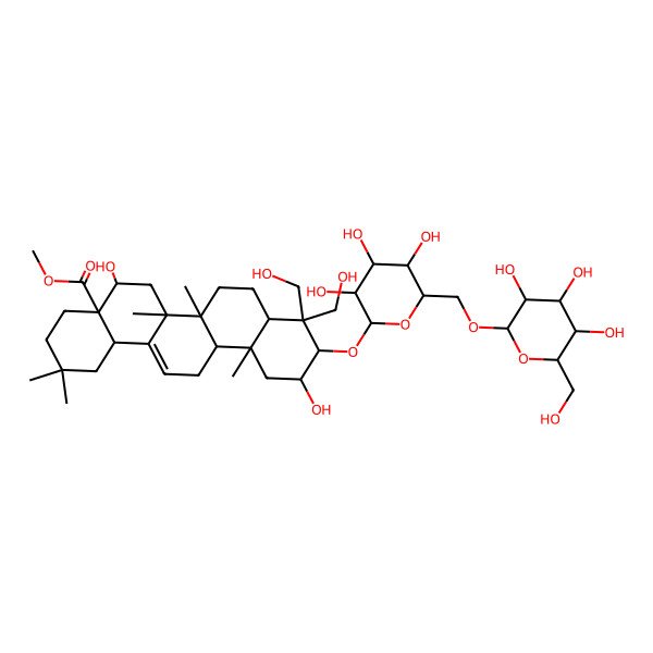 2D Structure of methyl (4aR,5R,6aR,6aS,6bR,8aR,10R,11S,12aR,14bS)-5,11-dihydroxy-9,9-bis(hydroxymethyl)-2,2,6a,6b,12a-pentamethyl-10-[(2R,3R,4S,5S,6R)-3,4,5-trihydroxy-6-[[(2R,3R,4S,5S,6R)-3,4,5-trihydroxy-6-(hydroxymethyl)oxan-2-yl]oxymethyl]oxan-2-yl]oxy-1,3,4,5,6,6a,7,8,8a,10,11,12,13,14b-tetradecahydropicene-4a-carboxylate