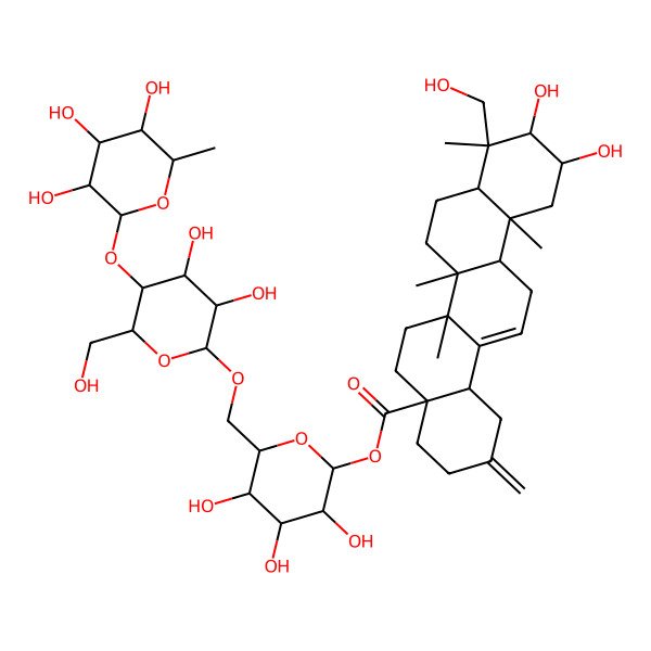 2D Structure of [(2S,3R,4S,5S,6R)-6-[[(2R,3R,4R,5S,6R)-3,4-dihydroxy-6-(hydroxymethyl)-5-[(2R,3R,4R,5R,6S)-3,4,5-trihydroxy-6-methyloxan-2-yl]oxyoxan-2-yl]oxymethyl]-3,4,5-trihydroxyoxan-2-yl] (4aS,6aR,6aS,6bR,8aR,9R,10R,11R,12aR,14bS)-10,11-dihydroxy-9-(hydroxymethyl)-6a,6b,9,12a-tetramethyl-2-methylidene-1,3,4,5,6,6a,7,8,8a,10,11,12,13,14b-tetradecahydropicene-4a-carboxylate