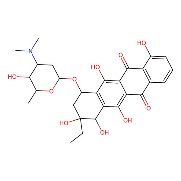 2D Structure of 7-[4-(dimethylamino)-5-hydroxy-6-methyloxan-2-yl]oxy-9-ethyl-4,6,9,10,11-pentahydroxy-8,10-dihydro-7H-tetracene-5,12-dione