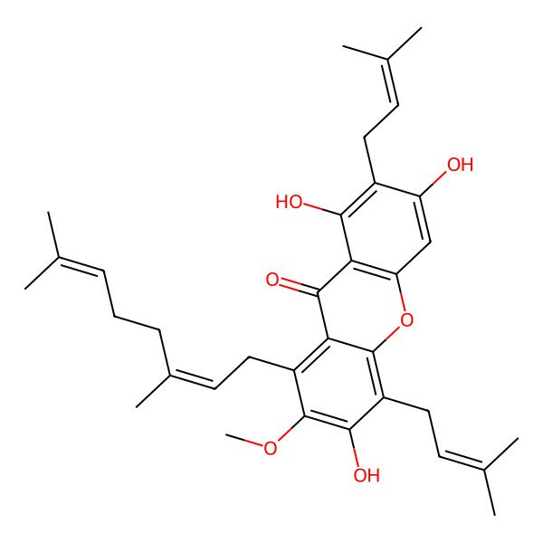 2D Structure of 1-[(2E)-3,7-dimethylocta-2,6-dienyl]-3,6,8-trihydroxy-2-methoxy-4,7-bis(3-methylbut-2-enyl)xanthen-9-one