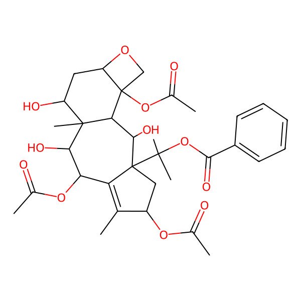 2D Structure of 2-[(1R,2S,3S,5S,8R,9R,10S,11S,13R,16S)-5,8,16-triacetyloxy-2,9,11-trihydroxy-6,10-dimethyl-14-oxatetracyclo[8.6.0.03,7.013,16]hexadec-6-en-3-yl]propan-2-yl benzoate
