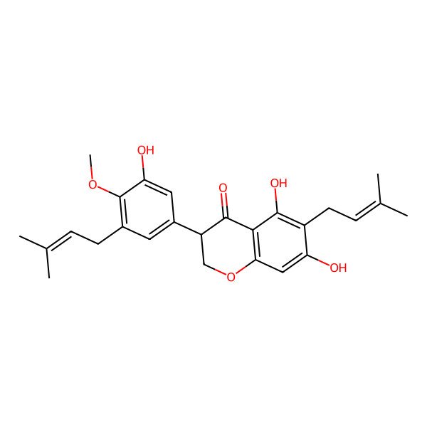2D Structure of 5,7-Dihydroxy-3-[3-hydroxy-4-methoxy-5-(3-methylbut-2-enyl)phenyl]-6-(3-methylbut-2-enyl)-2,3-dihydrochromen-4-one