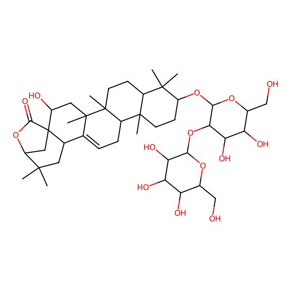 2D Structure of (1R,2R,4S,5R,8R,10S,13R,14R,18S,21S)-10-[(2R,3R,4S,5S,6R)-4,5-dihydroxy-6-(hydroxymethyl)-3-[(2S,3R,4S,5S,6R)-3,4,5-trihydroxy-6-(hydroxymethyl)oxan-2-yl]oxyoxan-2-yl]oxy-2-hydroxy-4,5,9,9,13,20,20-heptamethyl-22-oxahexacyclo[19.2.1.01,18.04,17.05,14.08,13]tetracos-16-en-23-one